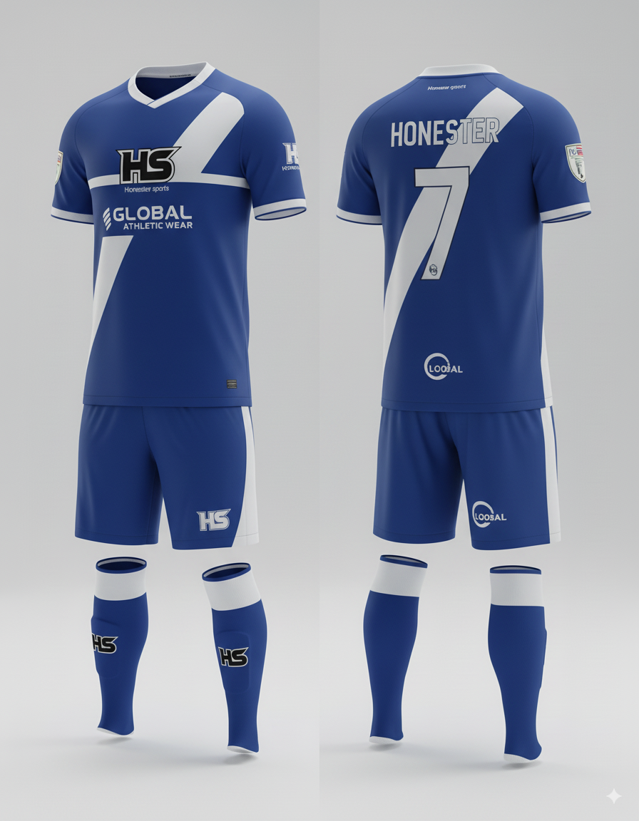 Custom football uniforms by Honester Sports – High-performance blue sublimated football jersey, designed for comfort and style, featuring a modern design with logo and number 7.